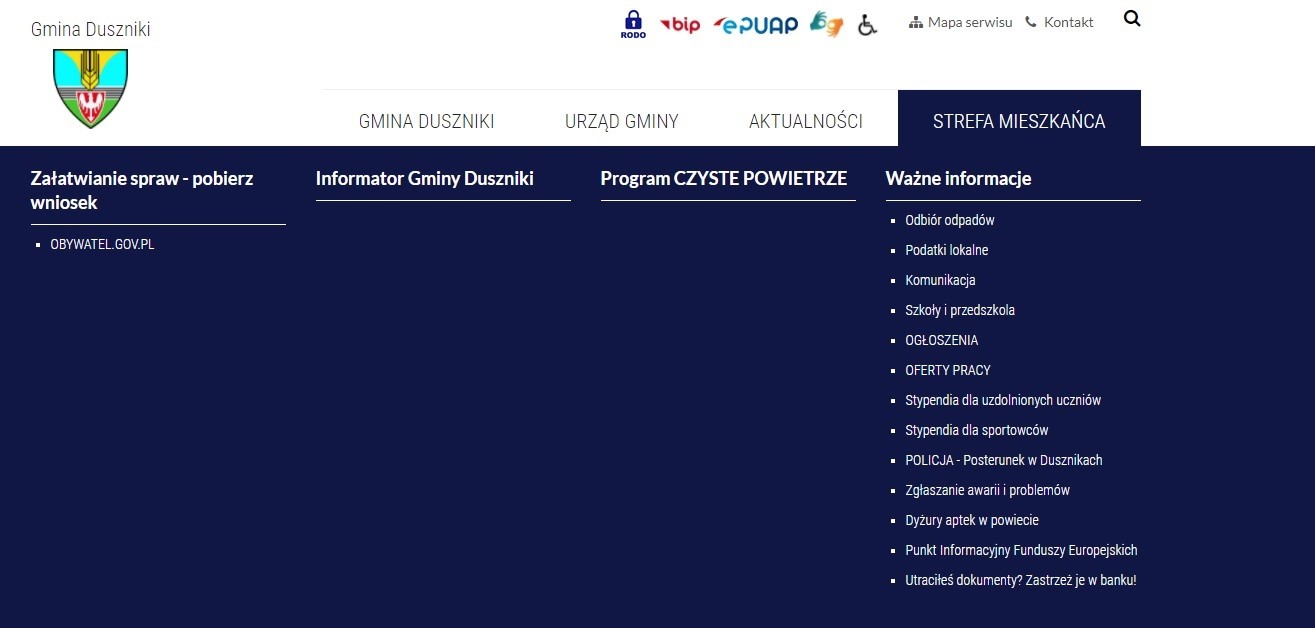 Zrzut ekranu fragmentu strony internetowej www.duszniki.eu pokazujący miejsce zakładki 